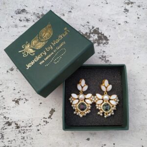 Zircon Crafted Alage Green Opal & Mother of Pearl Statement Earrings