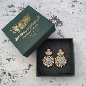 Aqua Blue Stone Mogra Pearl Earrings