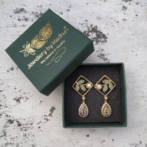 Inverted Square With Pastel Green Trio Leaf & Zircon Crafted Dendrite Opal Danglers