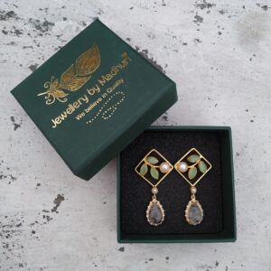 Inverted Square with Pastel Green Trio Leaf & Zircon Crafted Rutile Quartz Danglers