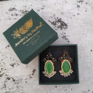 Black Onyx Penta Leaf & Zircon Crafted Green Monalisa Mogra Studs