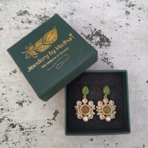 Green Chalcedony Top, Zircon Crafted Green & Peach Amalgamated Quartz Penta Crystal Mogra Danglers