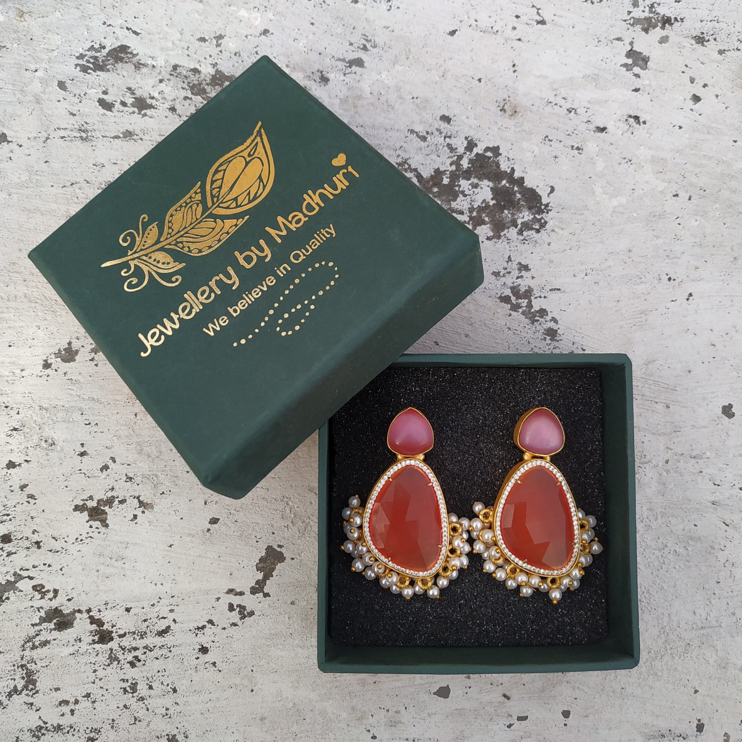 Pink Onyx & Zircon Crafted Tangy Orange Statement Studs