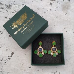 Green Onyx Top, Zircon Crafted Black Quartz & Green Onyx Trio Crystal Duo Danglers