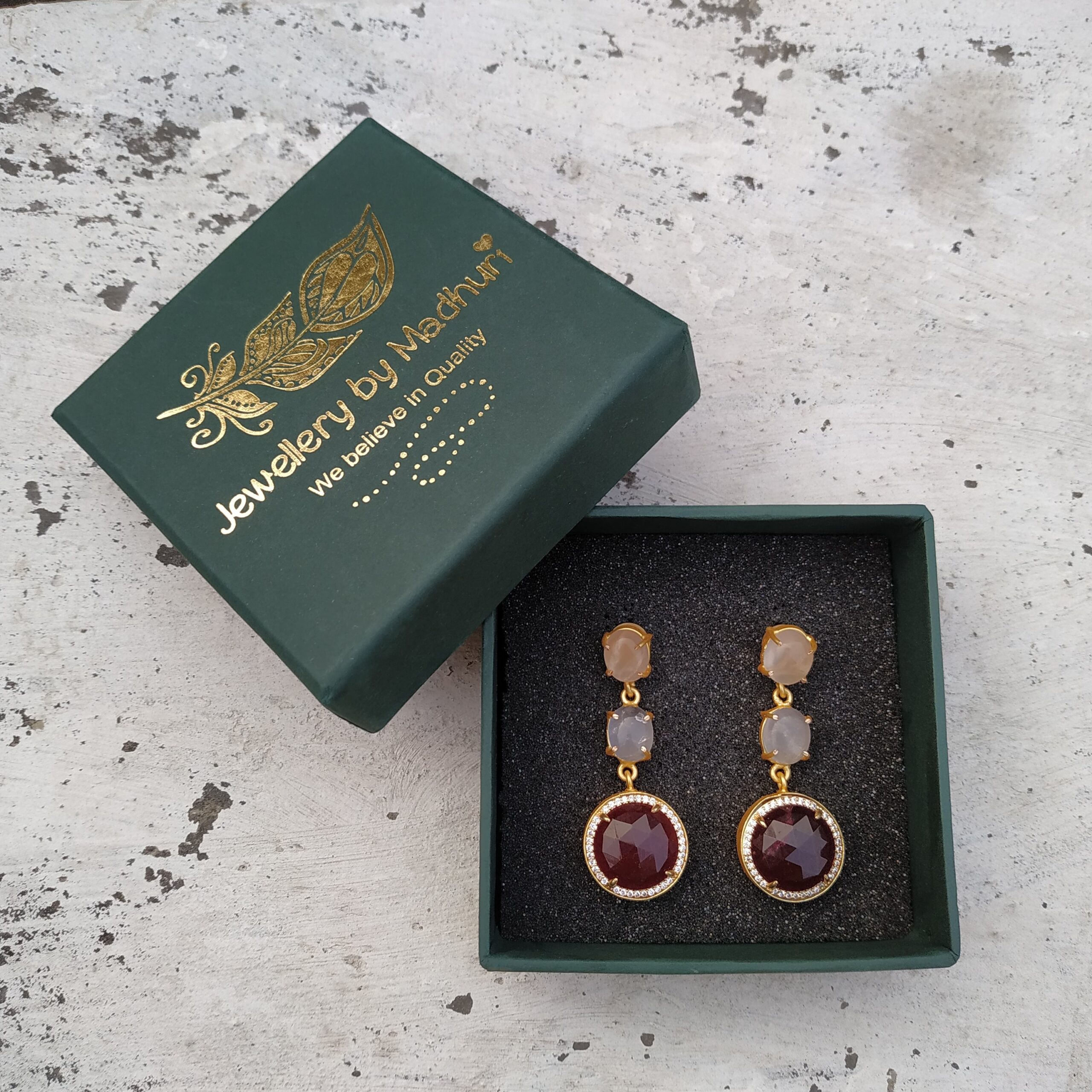 Rose Quartz Duo Top & Zircon Crafted Red Wine Shaded Monalisa Danglers