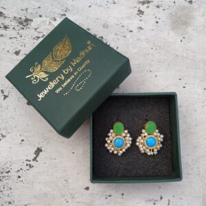 Green Onyx & Zircon Crafted Turquoise & Pearl Cluster Stud Earrings