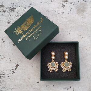 Pearl Duo, Zircon Crafted Green Grey & Crystal Trio Statement Danglers