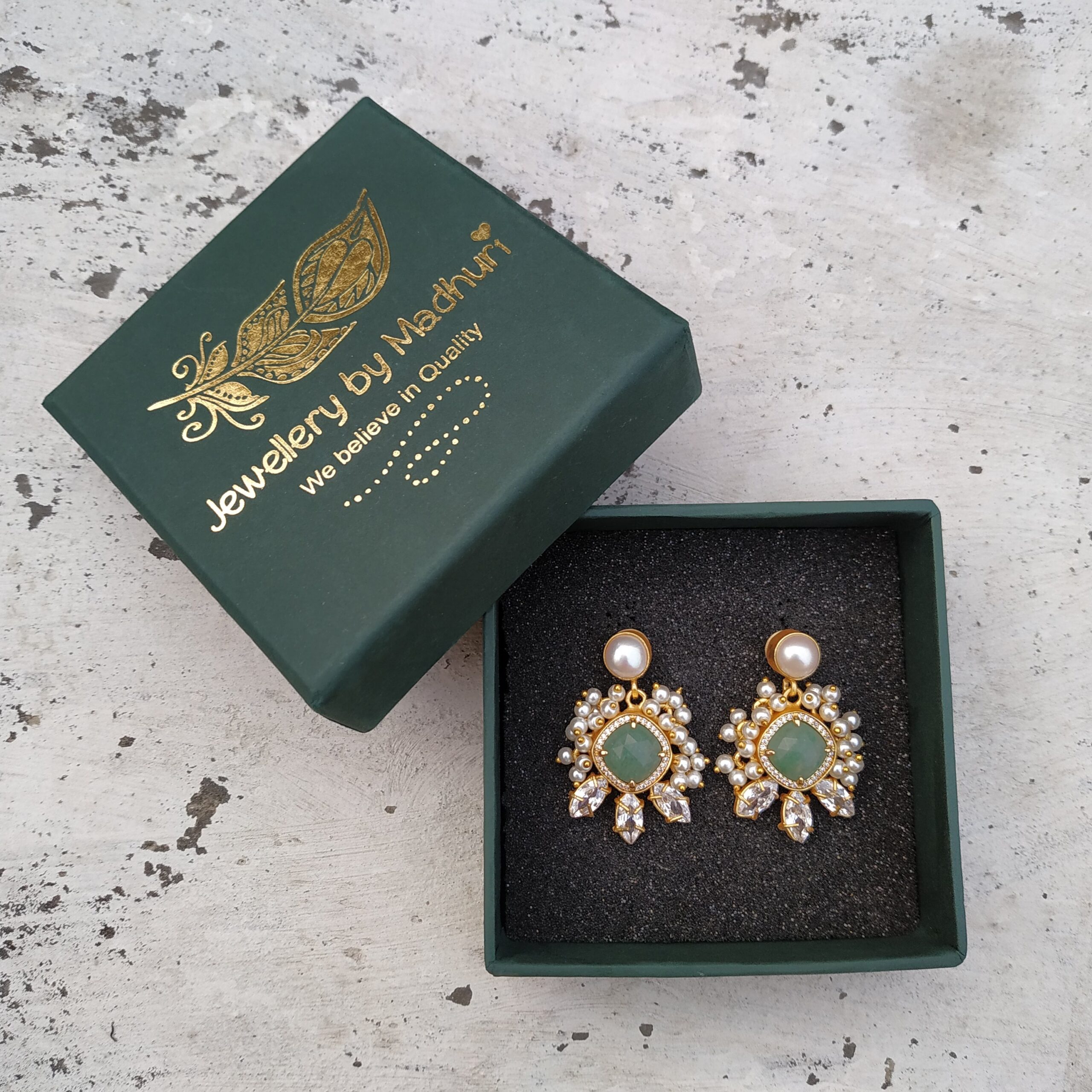 Pearl, Zircon Crafted Aqua Green Quartz Crystal Trio Mogra Danglers