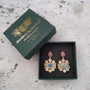 Pink Top, Zircon Crafted Aqua Blue Quartz & Penta Crystal Mogra Danglers