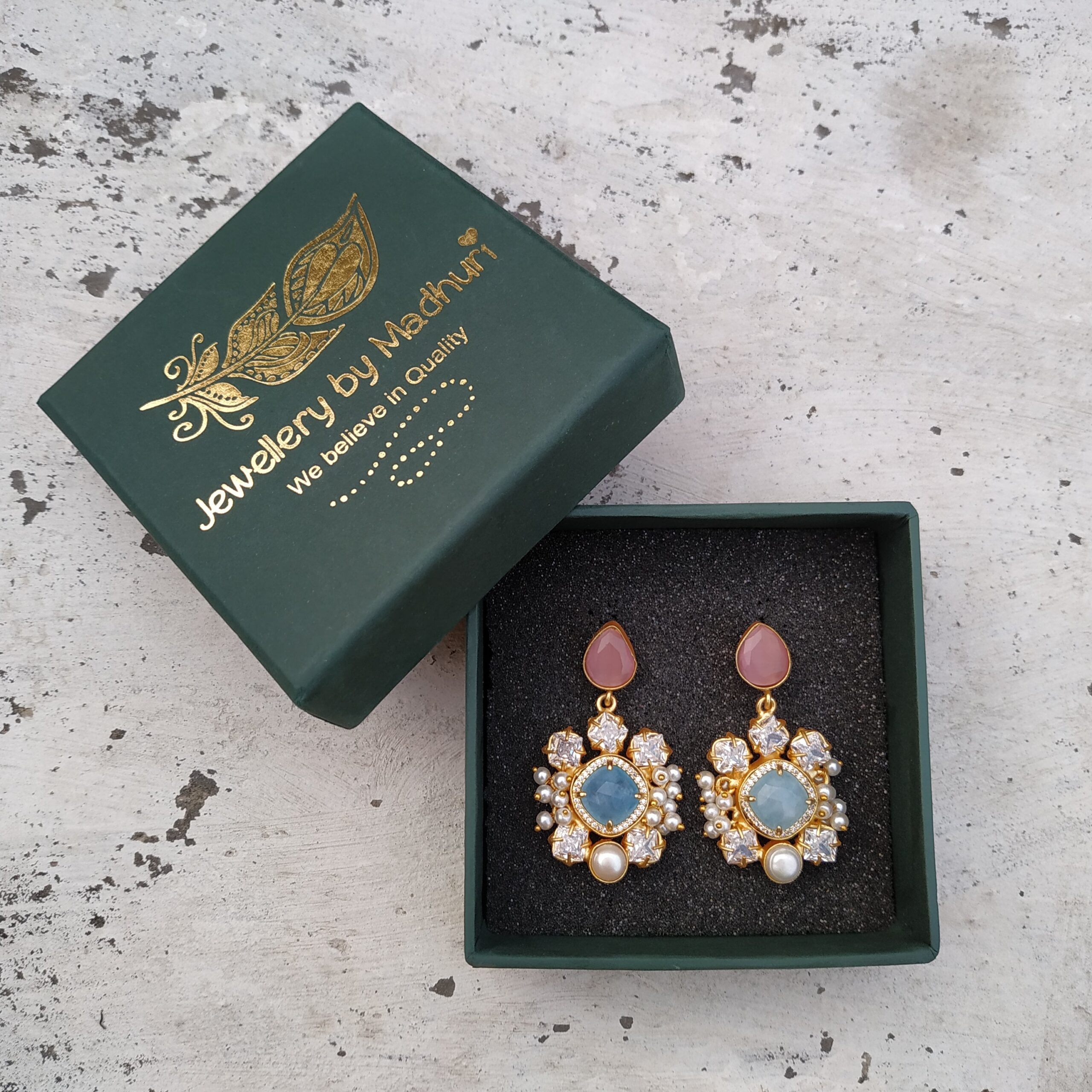 Pink Top, Zircon Crafted Aqua Blue Quartz & Penta Crystal Mogra Danglers