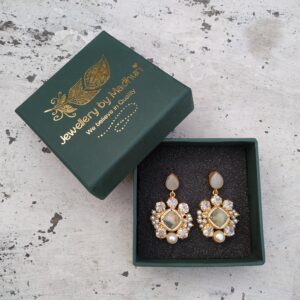 Grey Top, Zircon Crafted Creme & Black Rutilated Quartz & Penta Crystal Mogra Danglers