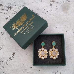 Aqua Green Top, Zircon Crafted Rose Quartz & Penta Crystal Mogra Danglers