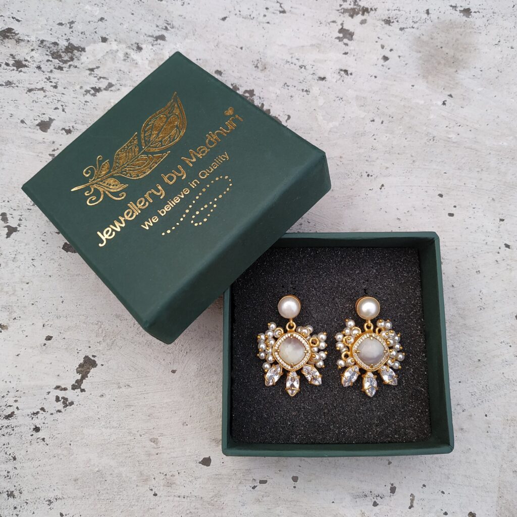 Pearl, Zircon Crafted Moonstone Quartz Crystal Trio Mogra Danglers